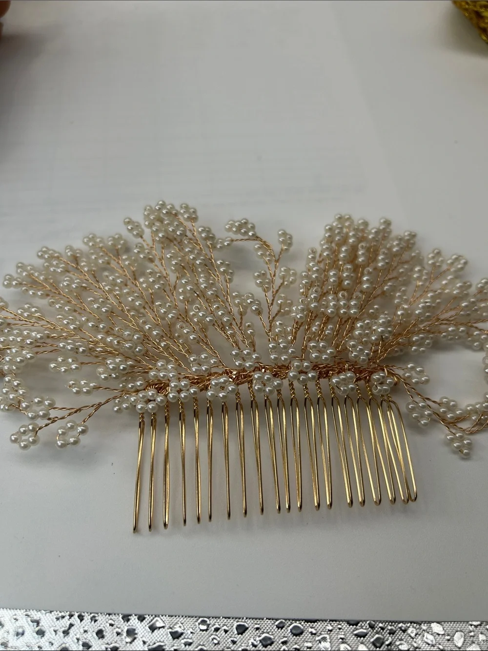 Gold Pearl Spray Hair Comb - Elegant White Pearl Accent